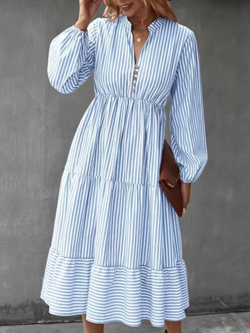 Women's Light Blue Striped V-Neck Long-Sleeve Tiered Midi Dress